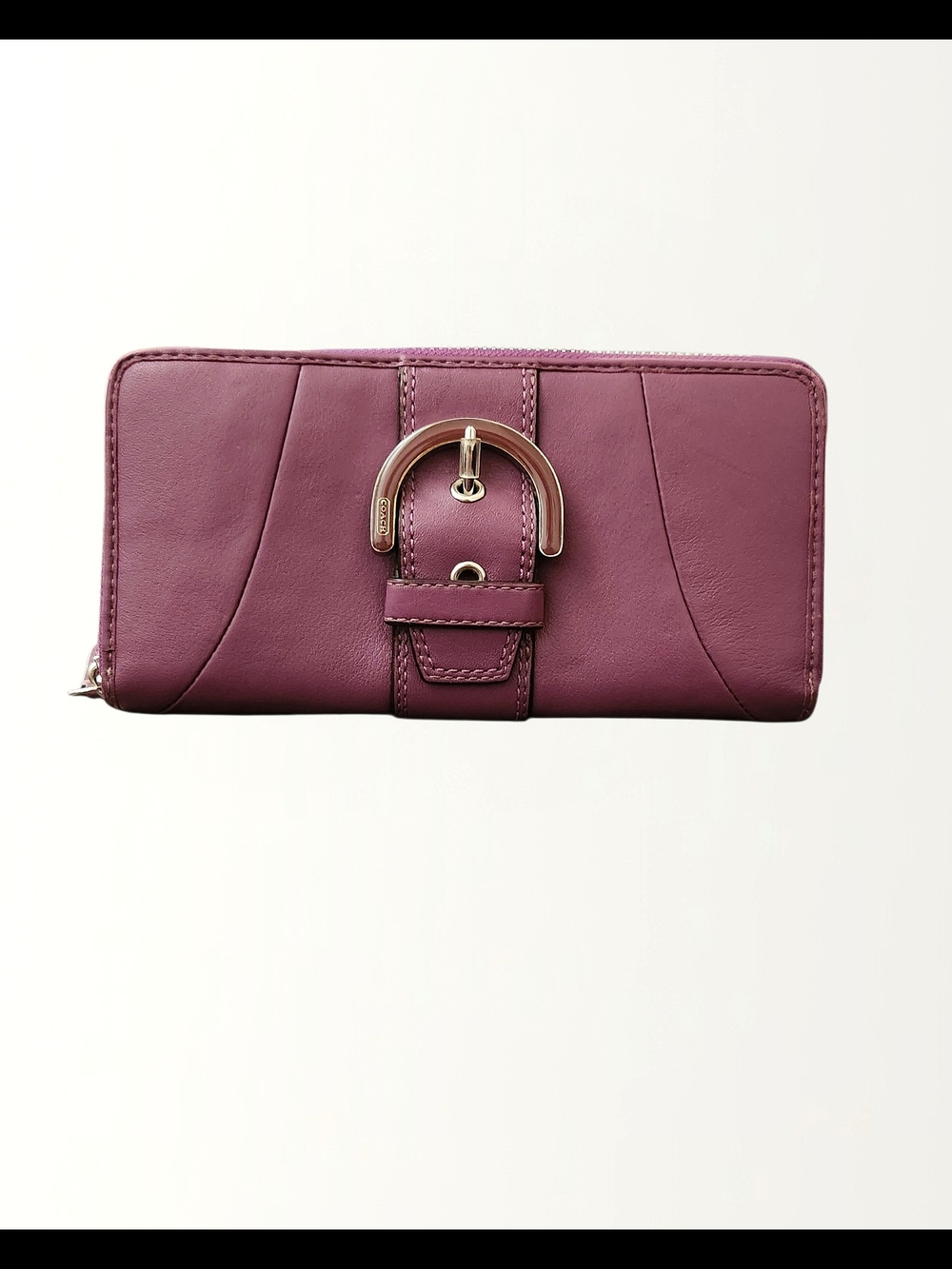 Coach Soho Zip-Around Wallet with Buckle Detail Dark Plum